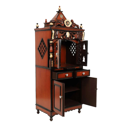 Kutustha Floor Rested Pooja Mandir/Wooden temple with doors for home in Brown Gold color 45° side view open drawers
