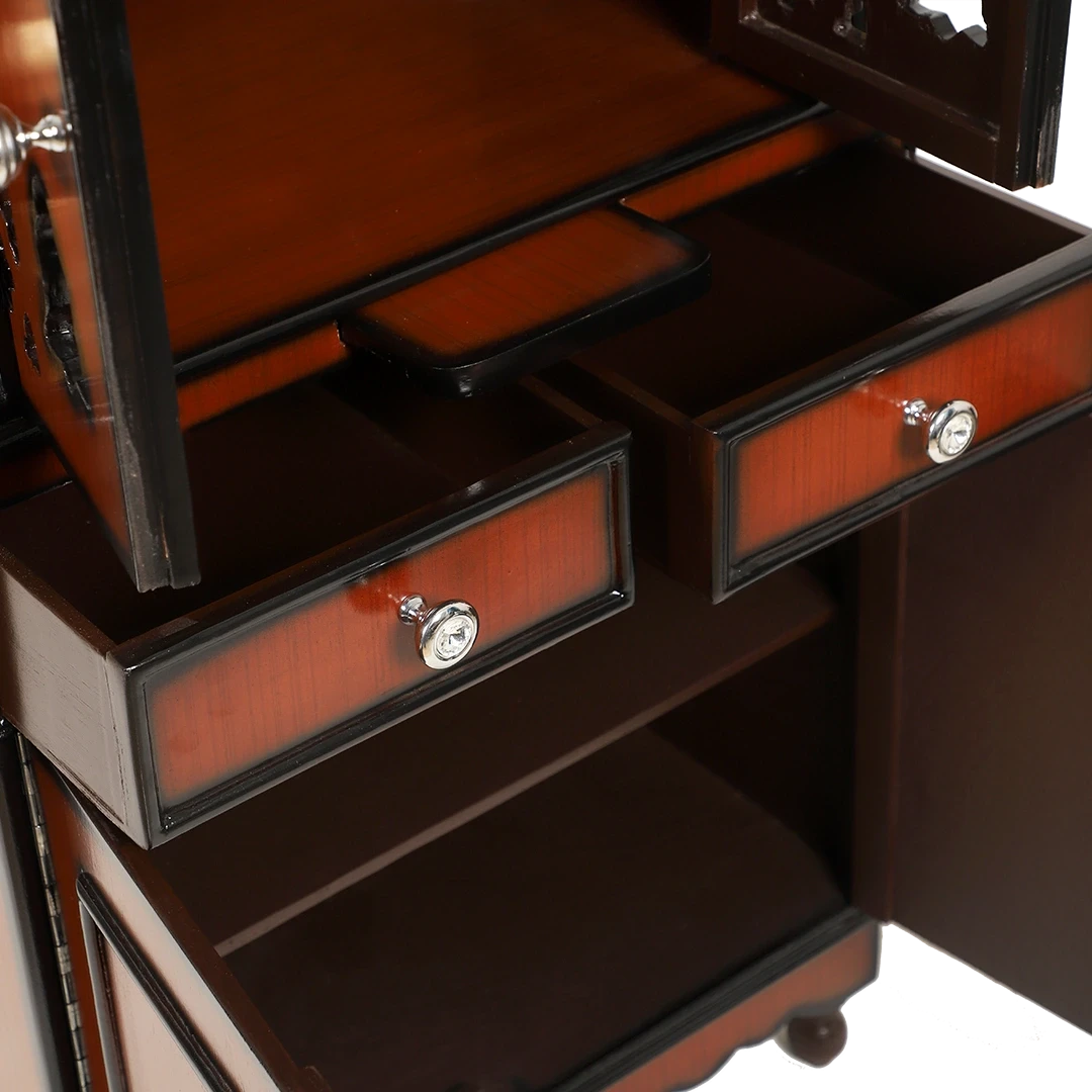 Kutustha Floor Rested Pooja Mandir/Wooden temple with doors for home in Brown Gold color zoom view open drawers