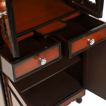 Kutustha Floor Rested Pooja Mandir/Wooden temple with doors for home in Brown Gold color zoom view open drawers