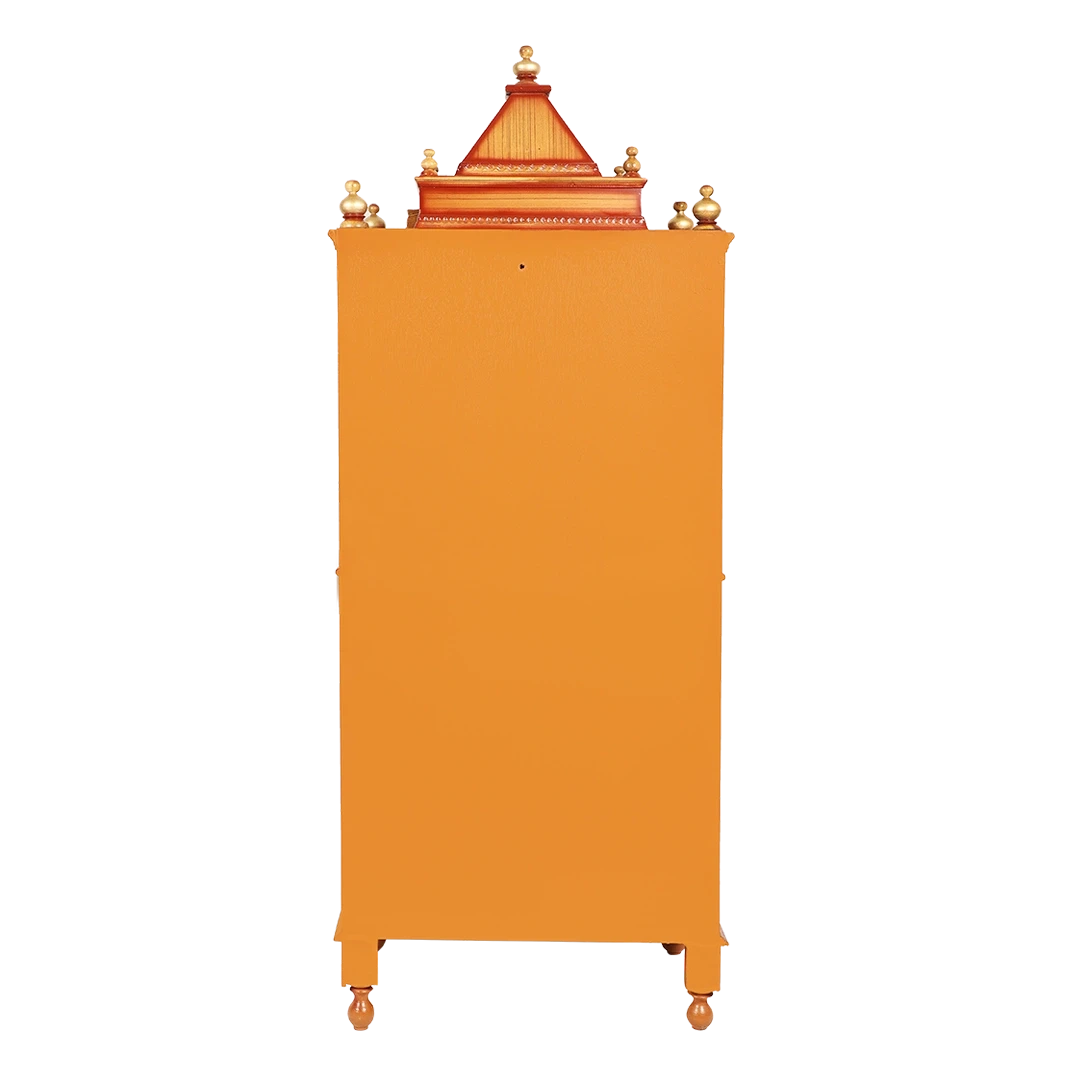 Kutustha Floor Rested Pooja Mandir/Wooden temple with doors for home in Teak Gold color back view