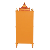 Kutustha Floor Rested Pooja Mandir/Wooden temple with doors for home in Teak Gold color back view