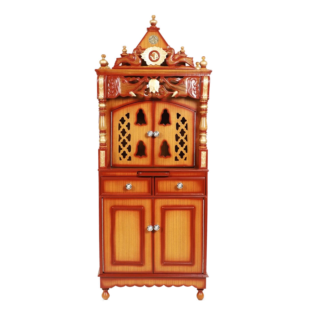 Kutustha Floor Rested Pooja Mandir/Wooden temple with doors for home in Teak Gold color front view