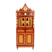 Kutustha Floor Rested Pooja Mandir/Wooden temple with doors for home in Teak Gold color front view