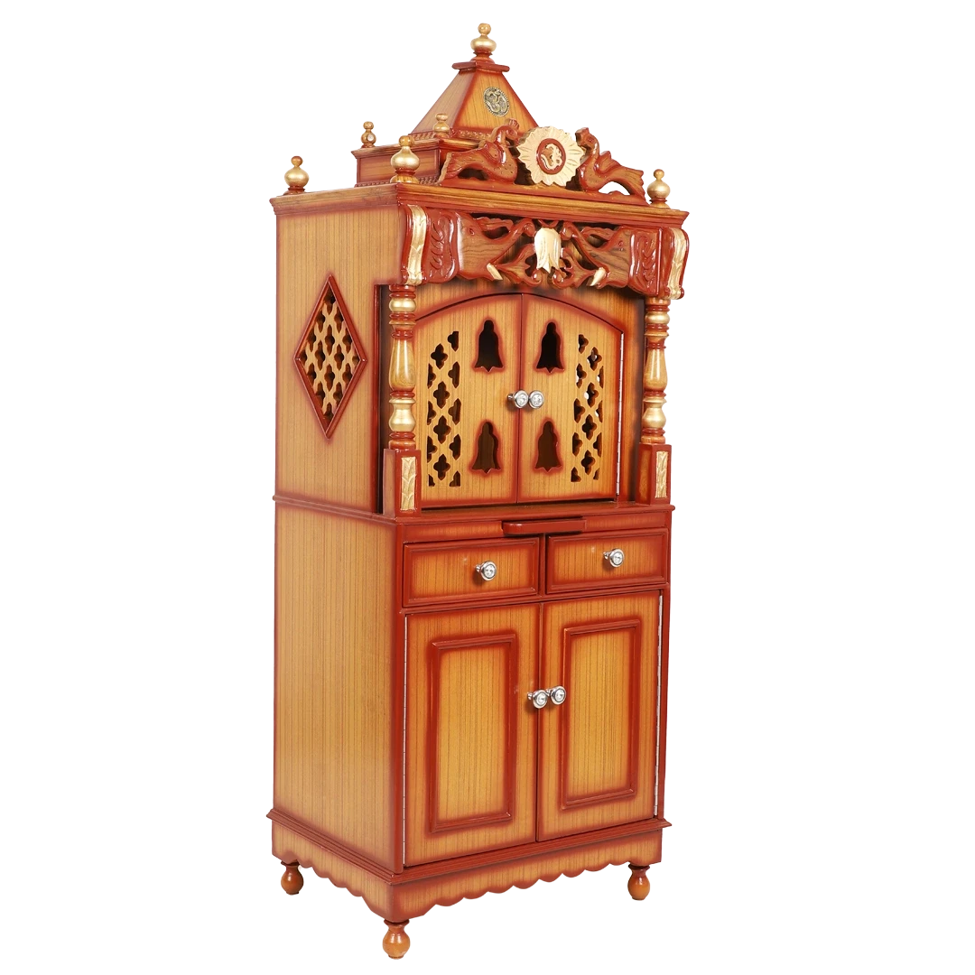 Kutustha Floor Rested Pooja Mandir/Wooden temple with doors for home in Teak Gold color 45° side view