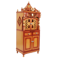 Kutustha Floor Rested Pooja Mandir/Wooden temple with doors for home in Teak Gold color 45° side view