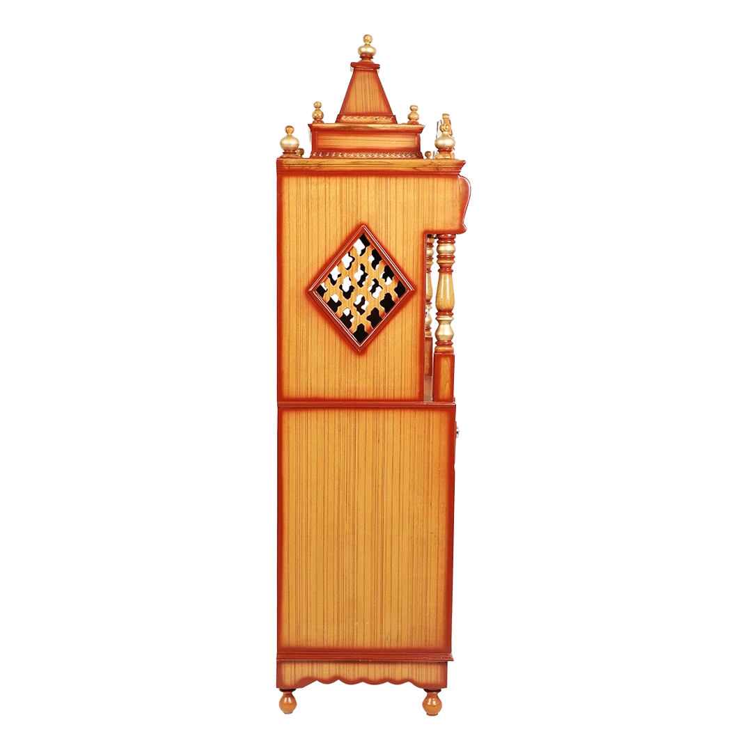 Kutustha Floor Rested Pooja Mandir/Wooden temple with doors for home in Teak Gold color side view featuring jali design and Pillars