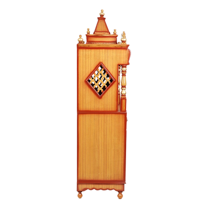 Kutustha Floor Rested Pooja Mandir/Wooden temple with doors for home in Teak Gold color side view featuring jali design and Pillars