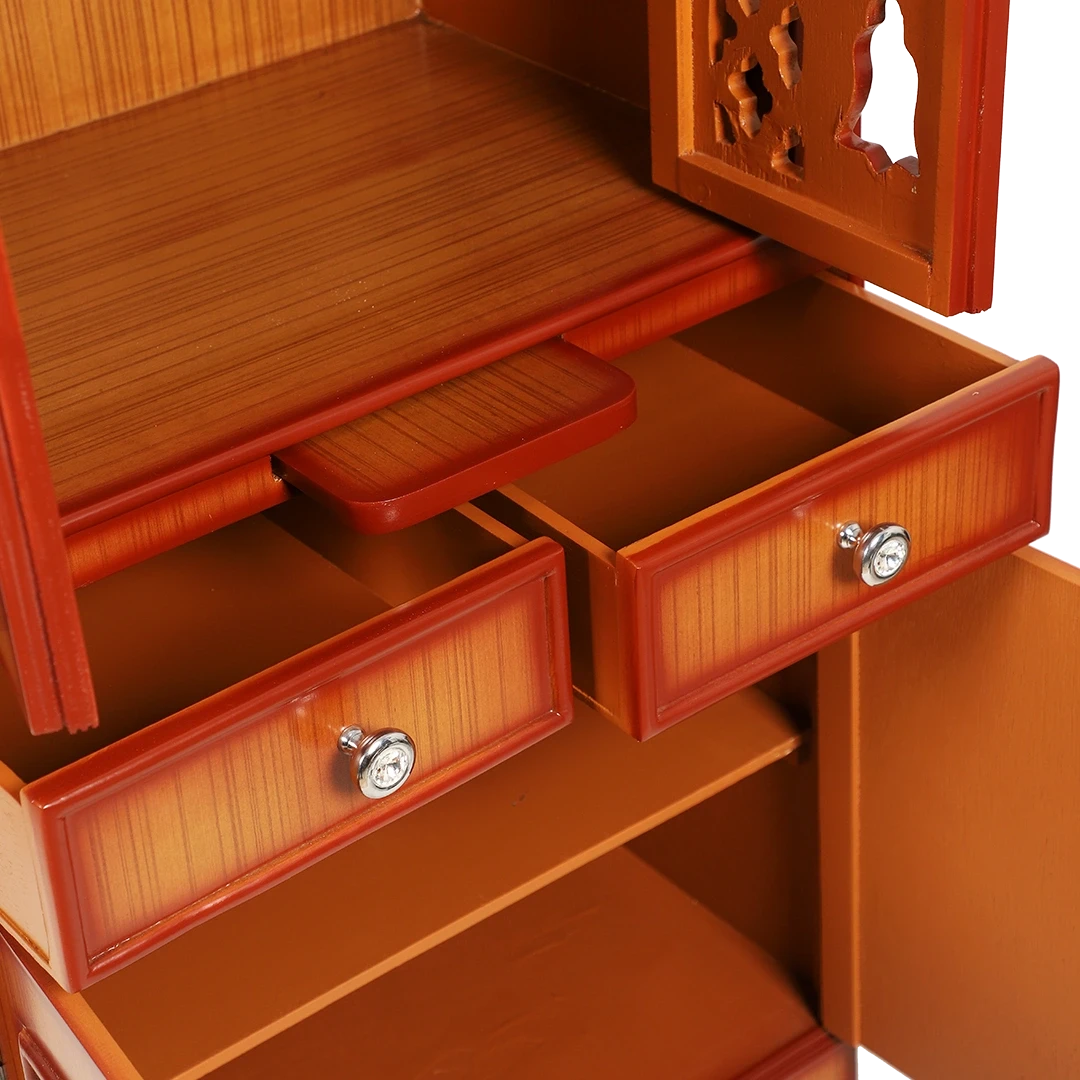 Kutustha Floor Rested Pooja Mandir/Wooden temple with doors for home in Teak Gold color zoom view open drawers