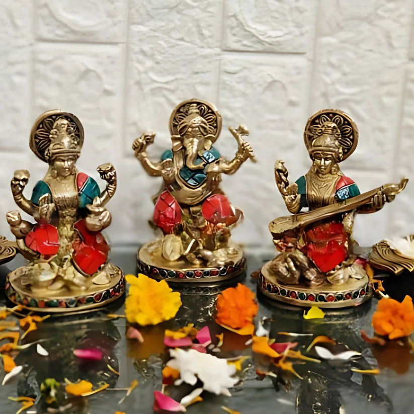 Lakshmi Ganesha Saraswati Brass Idol 1