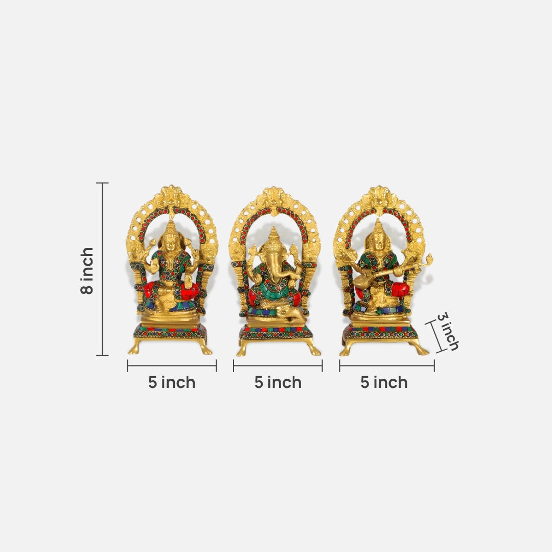 Lakshmi Ganesha Saraswati Brass Idol 2 dimensions 