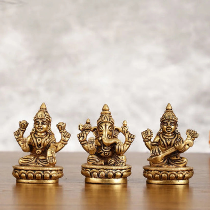 Lakshmi Ganesha Saraswati Miniature Brass Idol