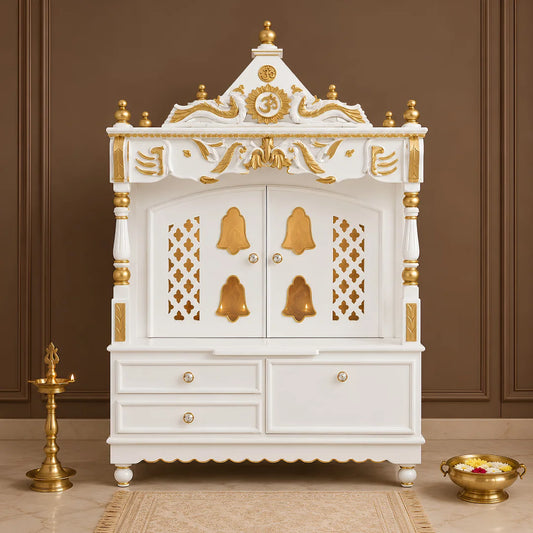 Divine Home Large Floor Rested Pooja Mandir with Door (White Gold) lifestyle view 