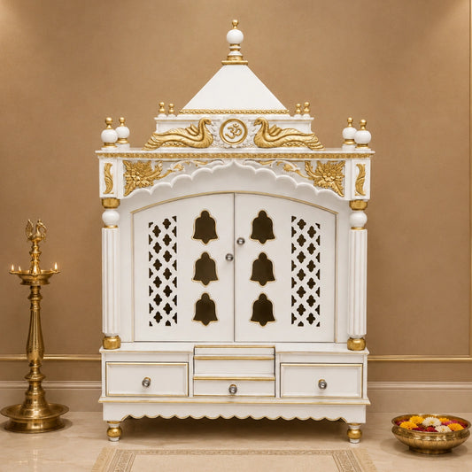 Lifestyle image Pooja Graham Large Floor Rested Pooja Mandir with Door (White Gold)