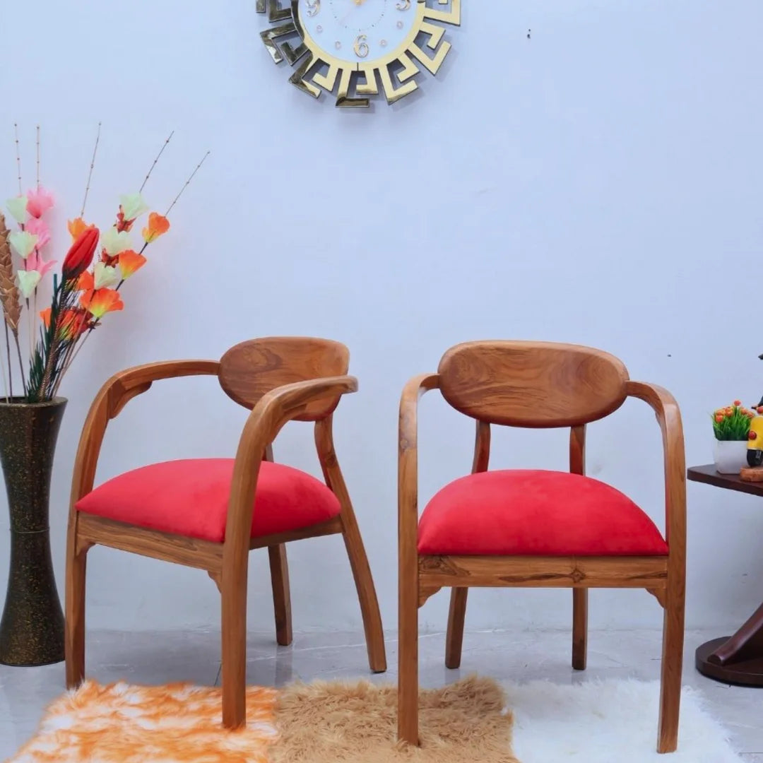 Lifestyle Image of Abetos Teak Wood Arm Chairs (Red)