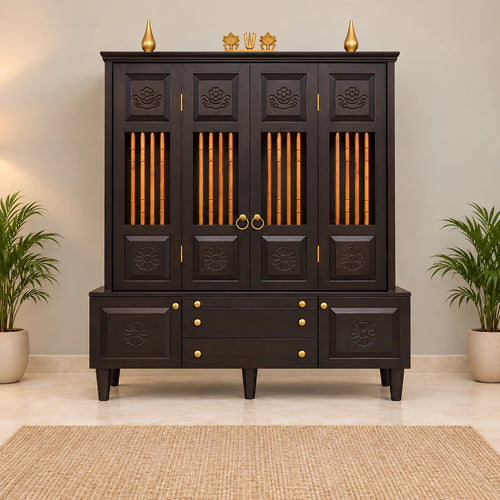 Anandam Teak Wood Pooja Mandap with Door (Brown)