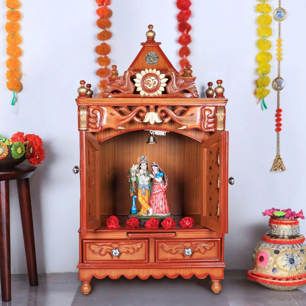 Divya Nivas Medium Floor Rested Pooja Mandir with Door (Teak Gold)