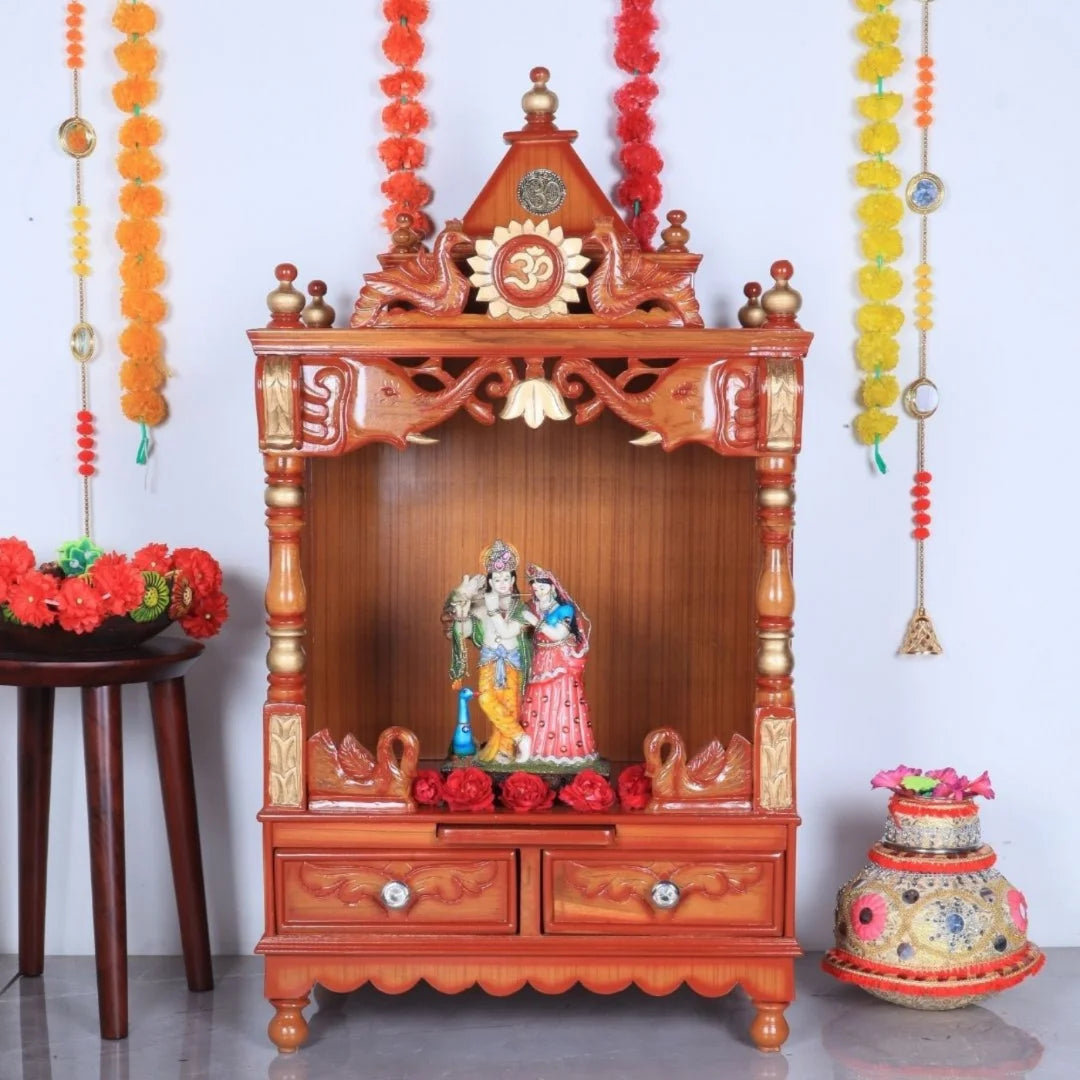 Lifestyle Image of Divya Nivas Medium Floor Rested Pooja Mandir (Teak Gold)