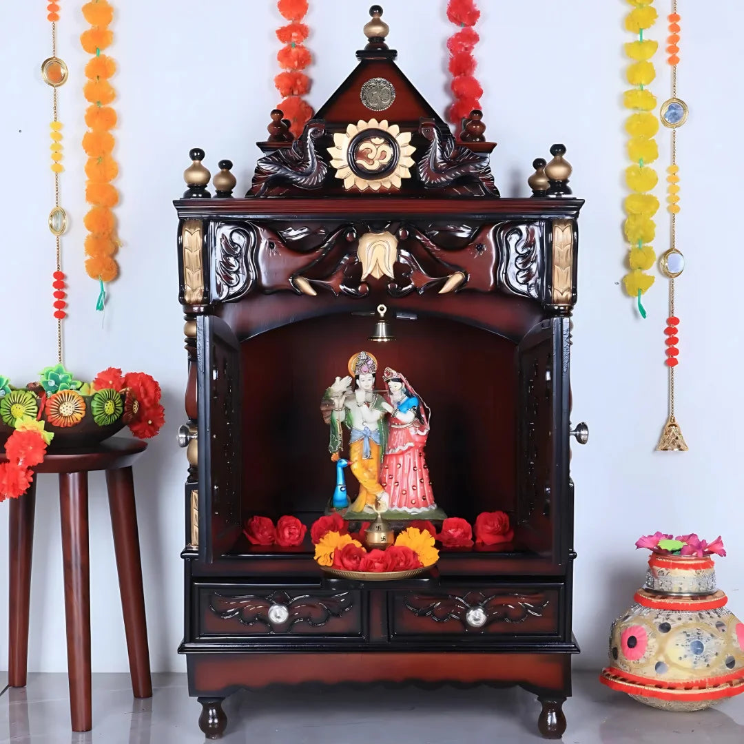 Lifestyle Image of Divya Nivas Medium Floor Rested Pooja Mandir With Door (Brown Gold)