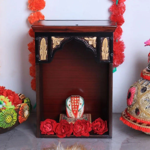 Sattva Teak Wood Pooja Mandir (Brown Gold)