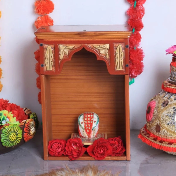 Sattva Teak Wood Pooja Mandir (Teak Gold)