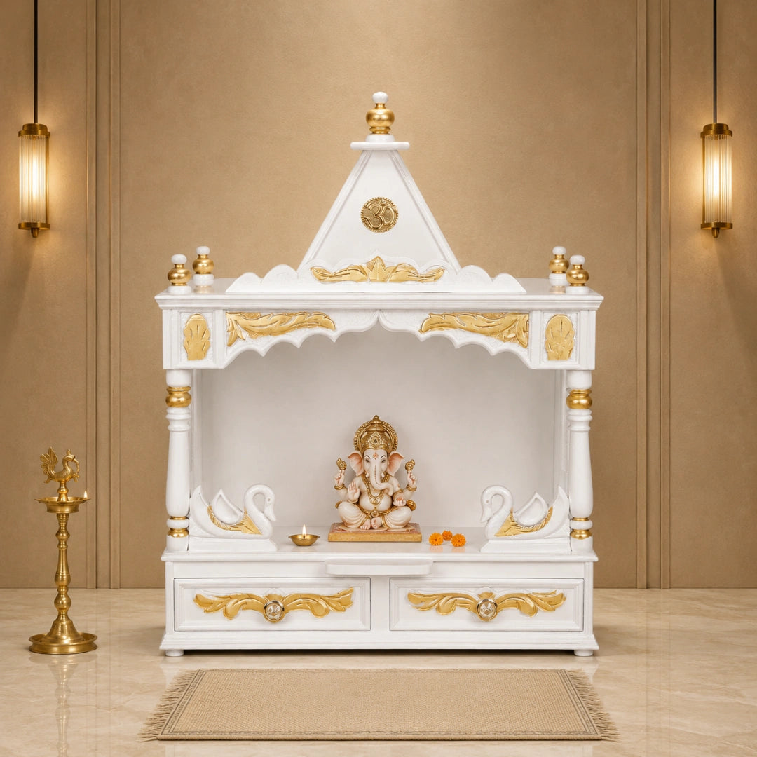 Lifestyle Image of SukhatMan Medium Wall Mount Pooja Mandir without Door (White Gold)