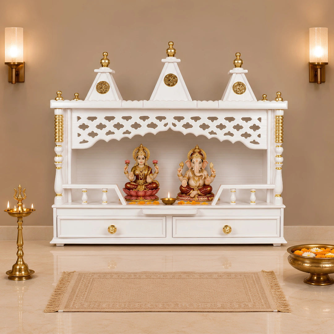 Lifestyle image of Sunanda Bhawan Large Wall Mount Pooja Mandir without Door (White Gold)