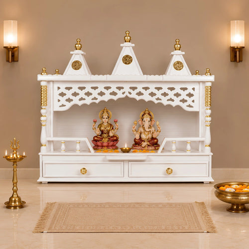 Sunanda Bhawan Large Wall Mount Pooja Mandir without Door (White Gold)