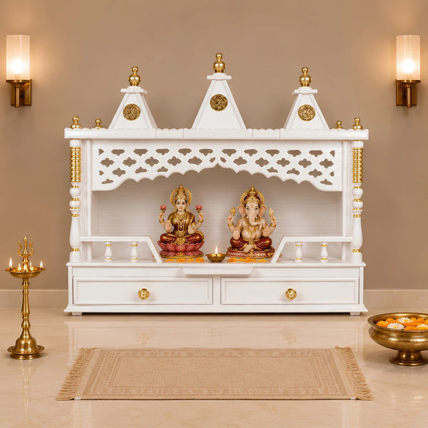 Lifestyle image of Sunanda Bhawan Large Wall Mount Pooja Mandir without Door (White Gold)