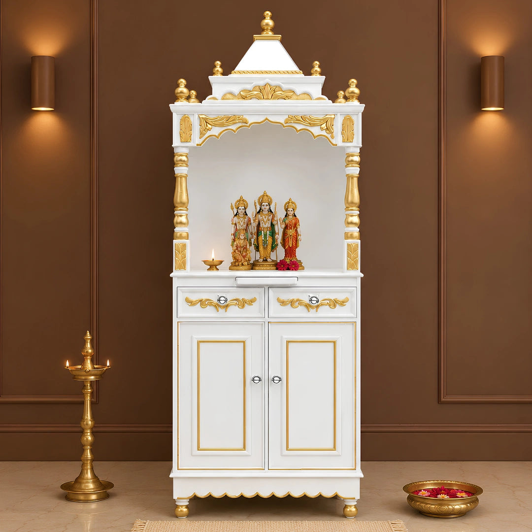 Suramya Floor Rested Pooja Mandap (White Gold) Lifestyle View