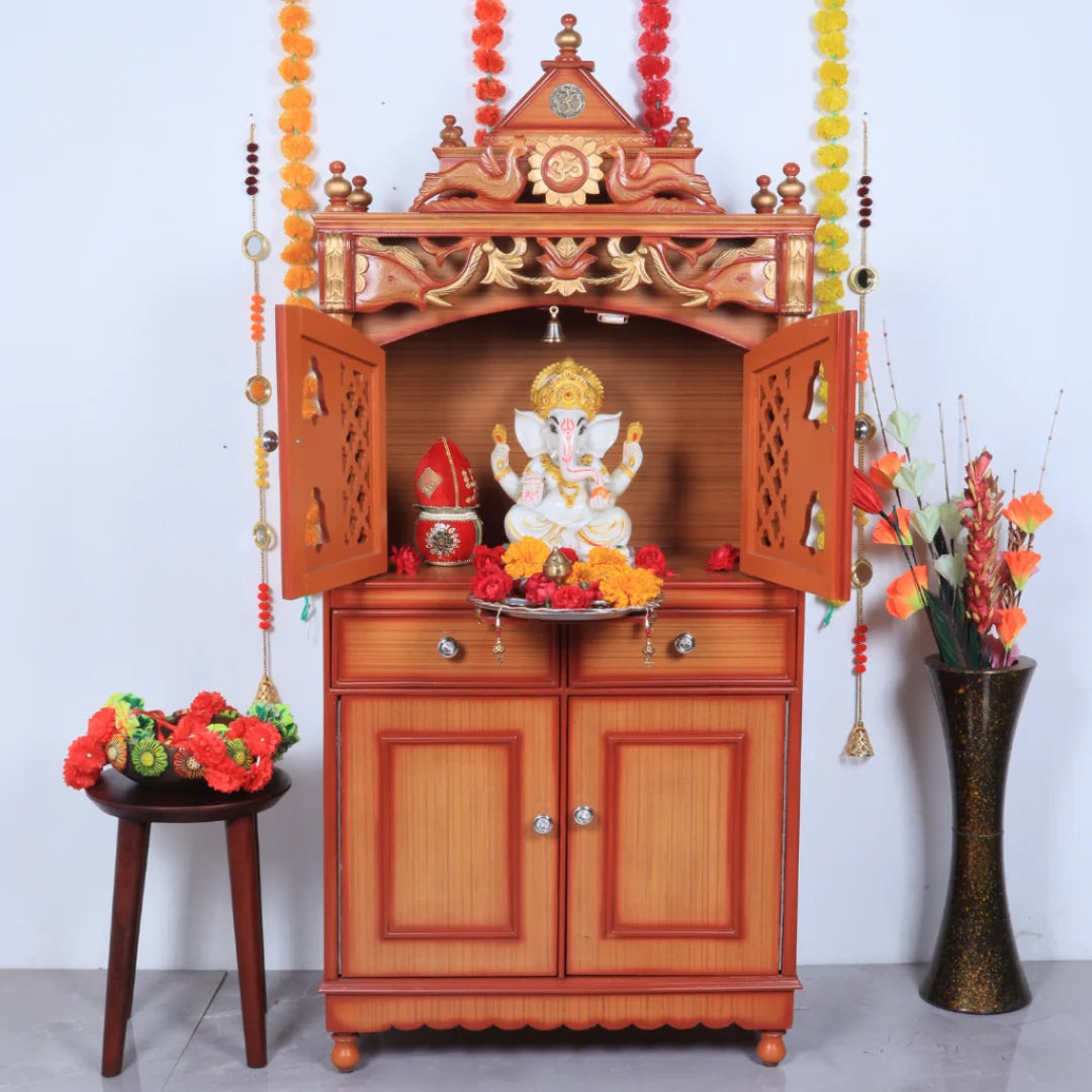 Lifestyle Image of Vedashraya Floor Rested Pooja Mandir with Door (Teak Gold)