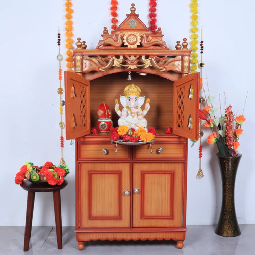 Vedashraya Floor Rested Pooja Mandap with Door (Teak Gold)