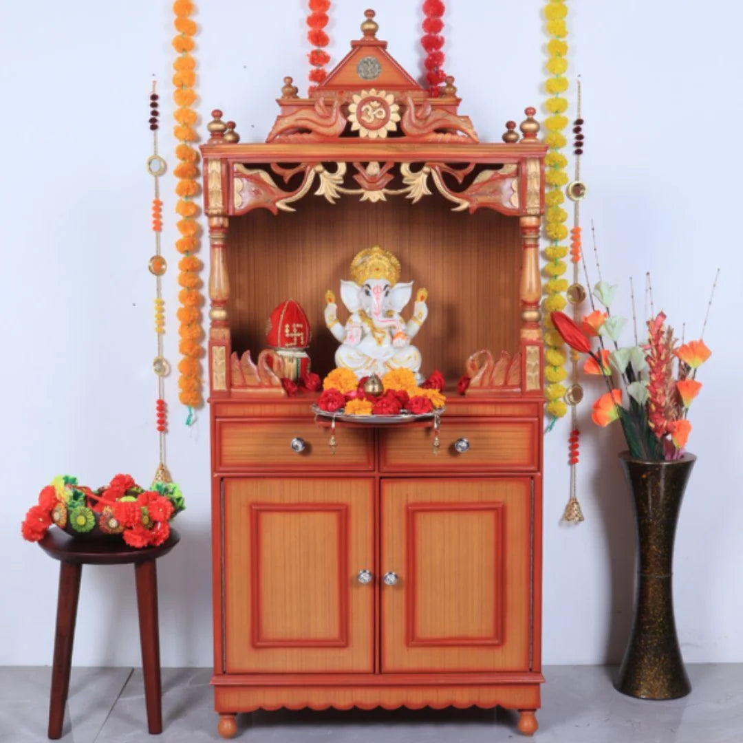 Lifestyle Image of Vedashraya Floor Rested Pooja Mandir without Door (Teak Gold)