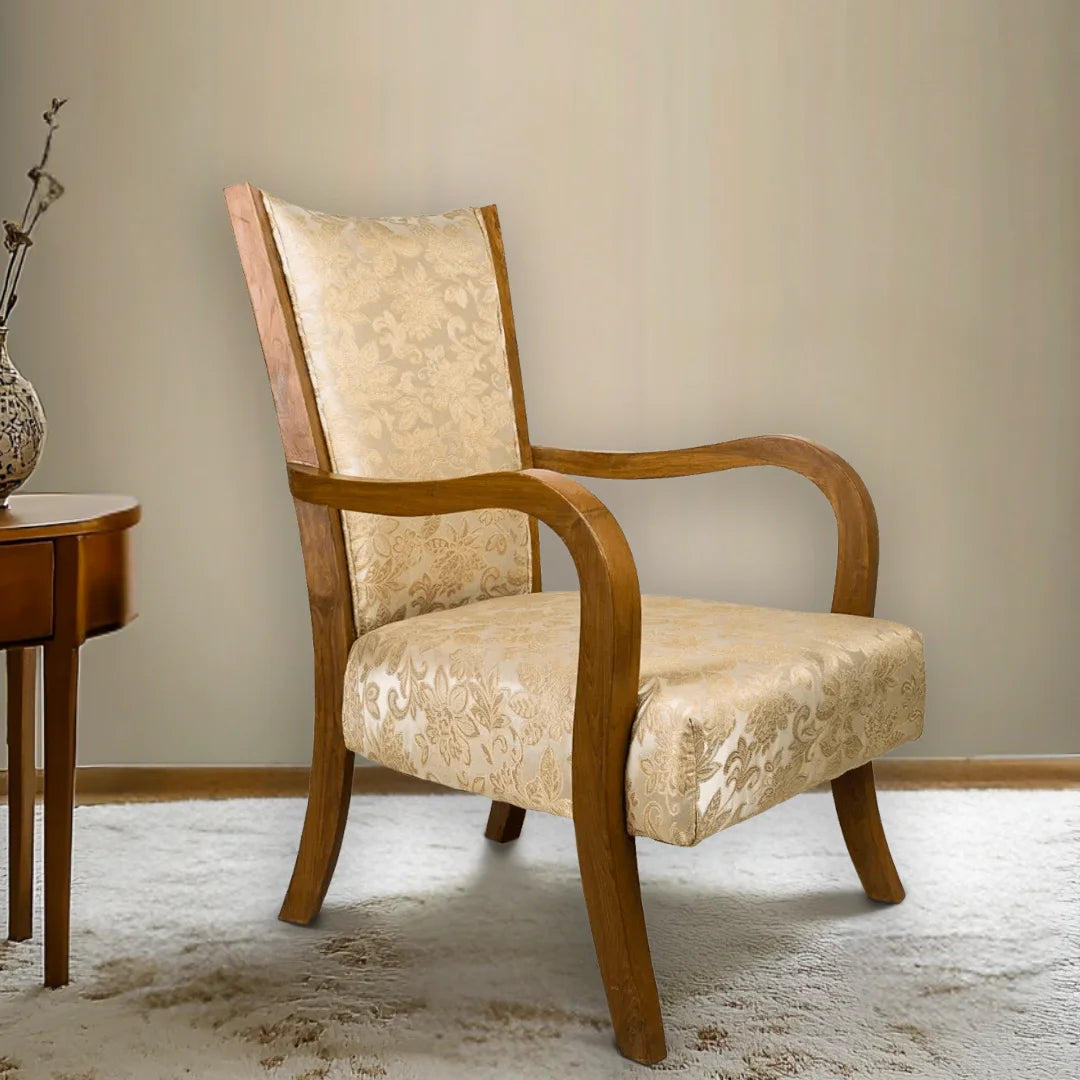 Lifestyle Image of Velencia Teak Wood Fabric Upholstered Arm Chairs (Teak Gold)