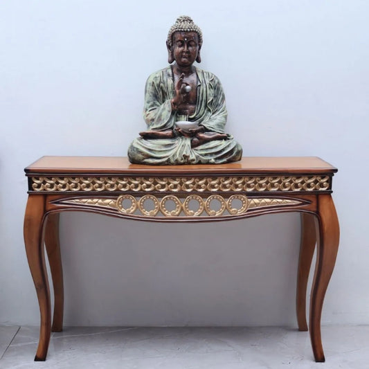 Lifestyle Image of Vortex Solid Wood Console Table (Teak Gold)