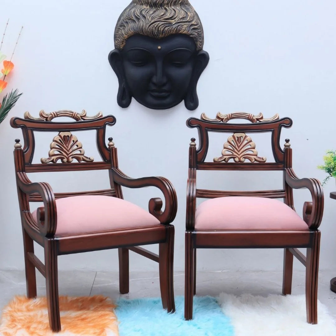 Lifestyle Image of Zorano Teak Wood Arm Chairs (Brown Pink)