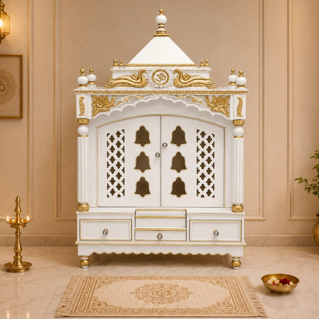 Lifestyle Image of Pooja Graham Large Floor Rested Pooja Mandir with Door (White Gold)