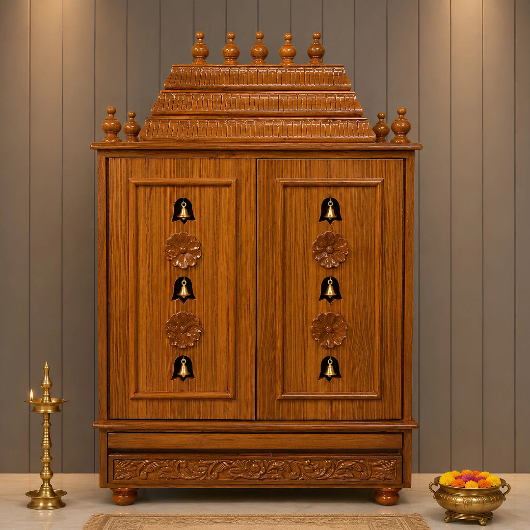 Smaran Teak Wood Pooja Mandir With Doors (Teak) Lifestyle View