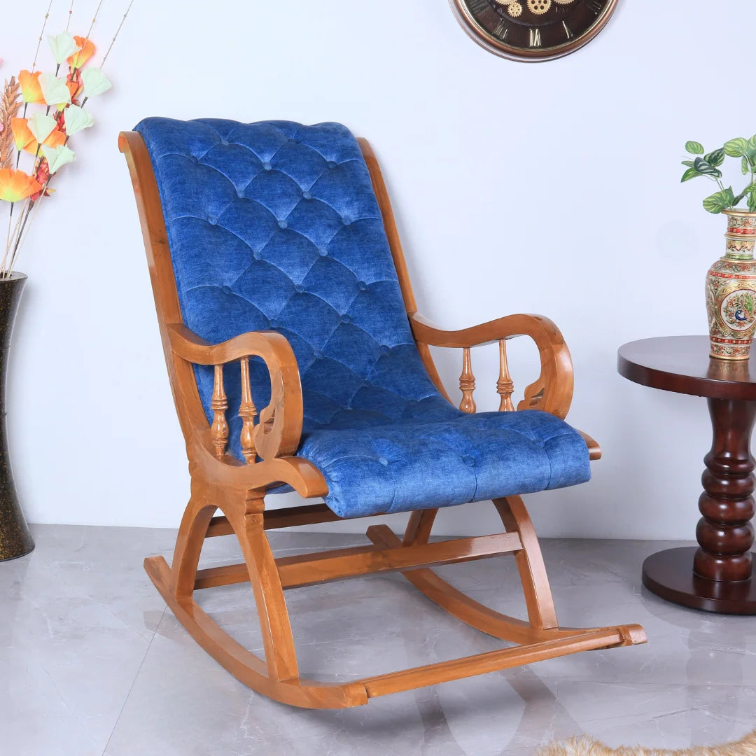 Lifestyle View of Aarava Fabric Upholstered Teak Wood Rocking Chair Teak Indigo 
