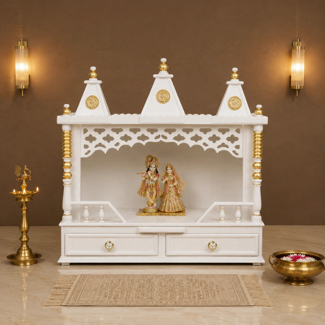 Sunanda Bhawan Medium Wall Mount Pooja Mandir without Door (White Gold) Lifestyle Image