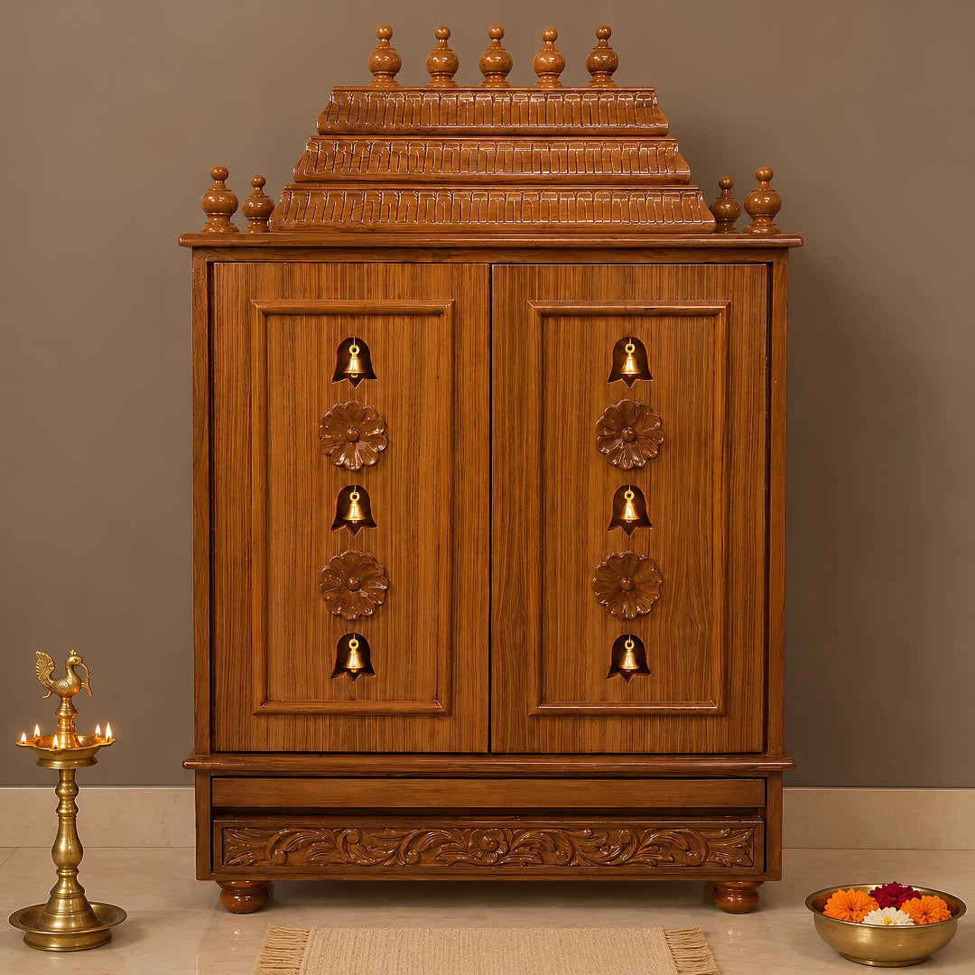 Lifestyle view of Smaran Teak Wood Pooja Mandir With Doors (Teak)