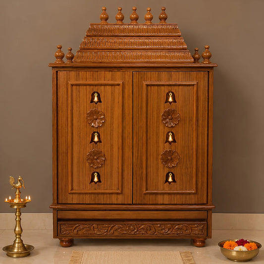 Lifestyle view of Smaran Teak Wood Pooja Mandir With Doors (Teak)