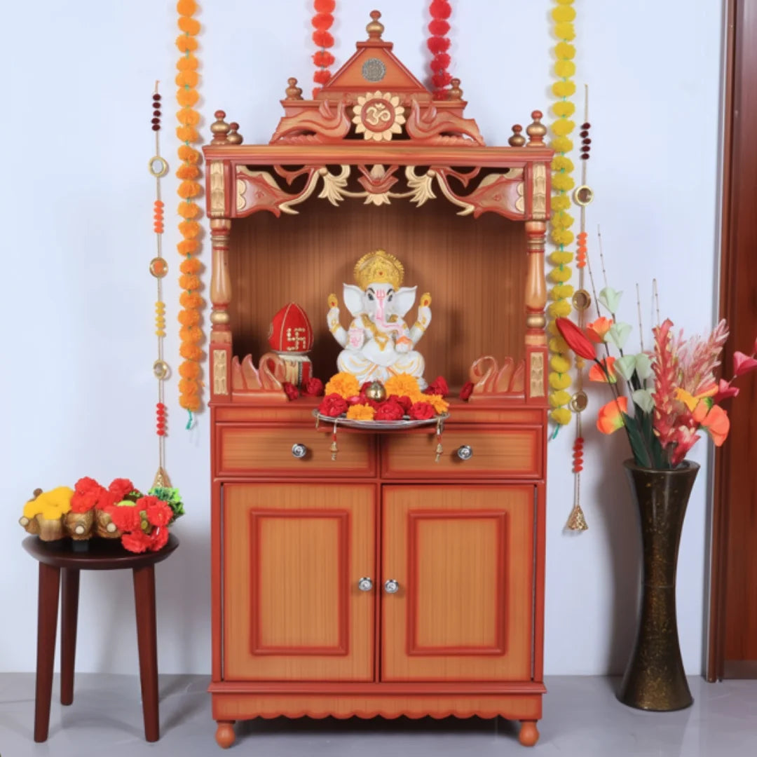 Vedashraya Floor Rested Pooja Mandap without Door (Teak Gold) Lifestyle Image