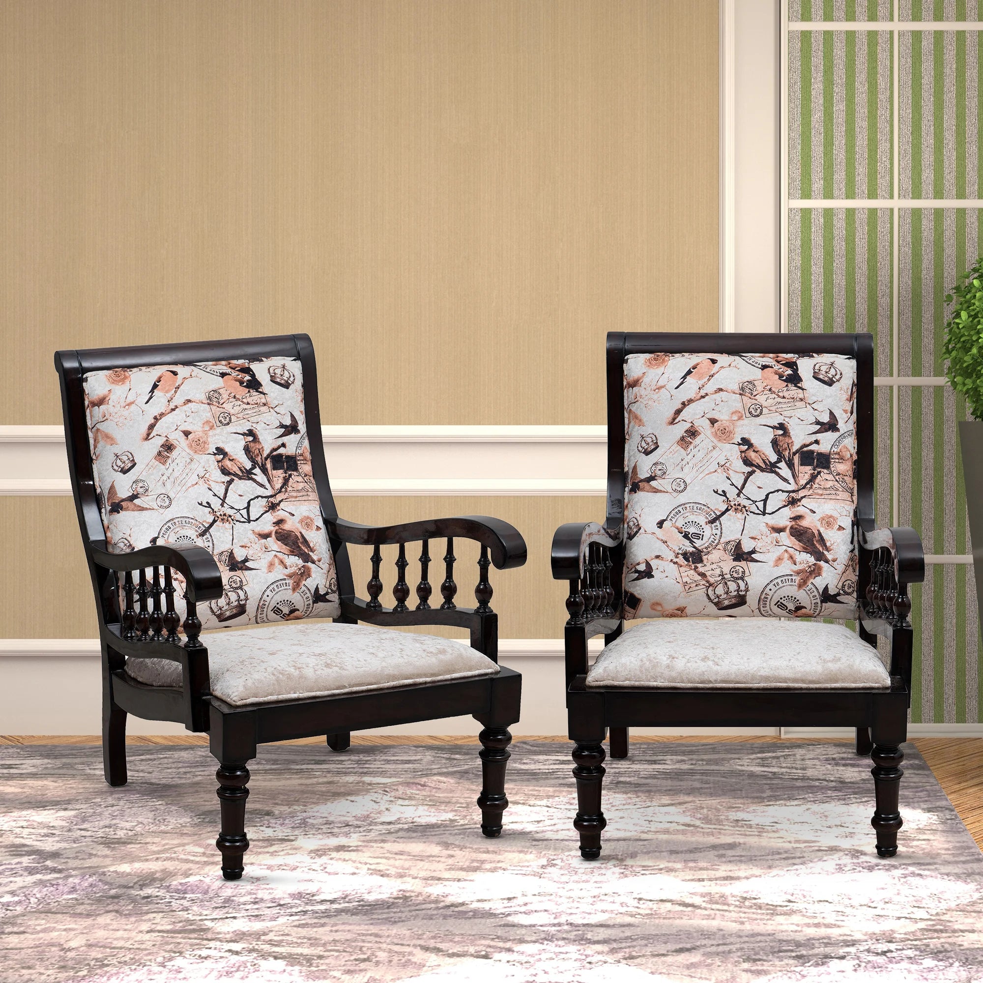 Lifestyle Image of Ancient INDIA Teak Wood Fabric Upholstered Arm Chair (Brown)