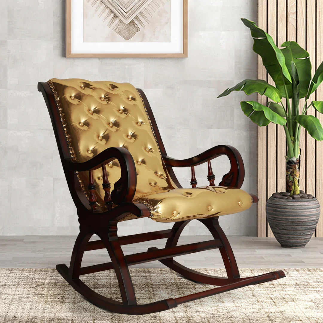 Lifestyle Image of Aurum Fabric Upholstered Teak Wood Rocking Chair (Brown Gold)