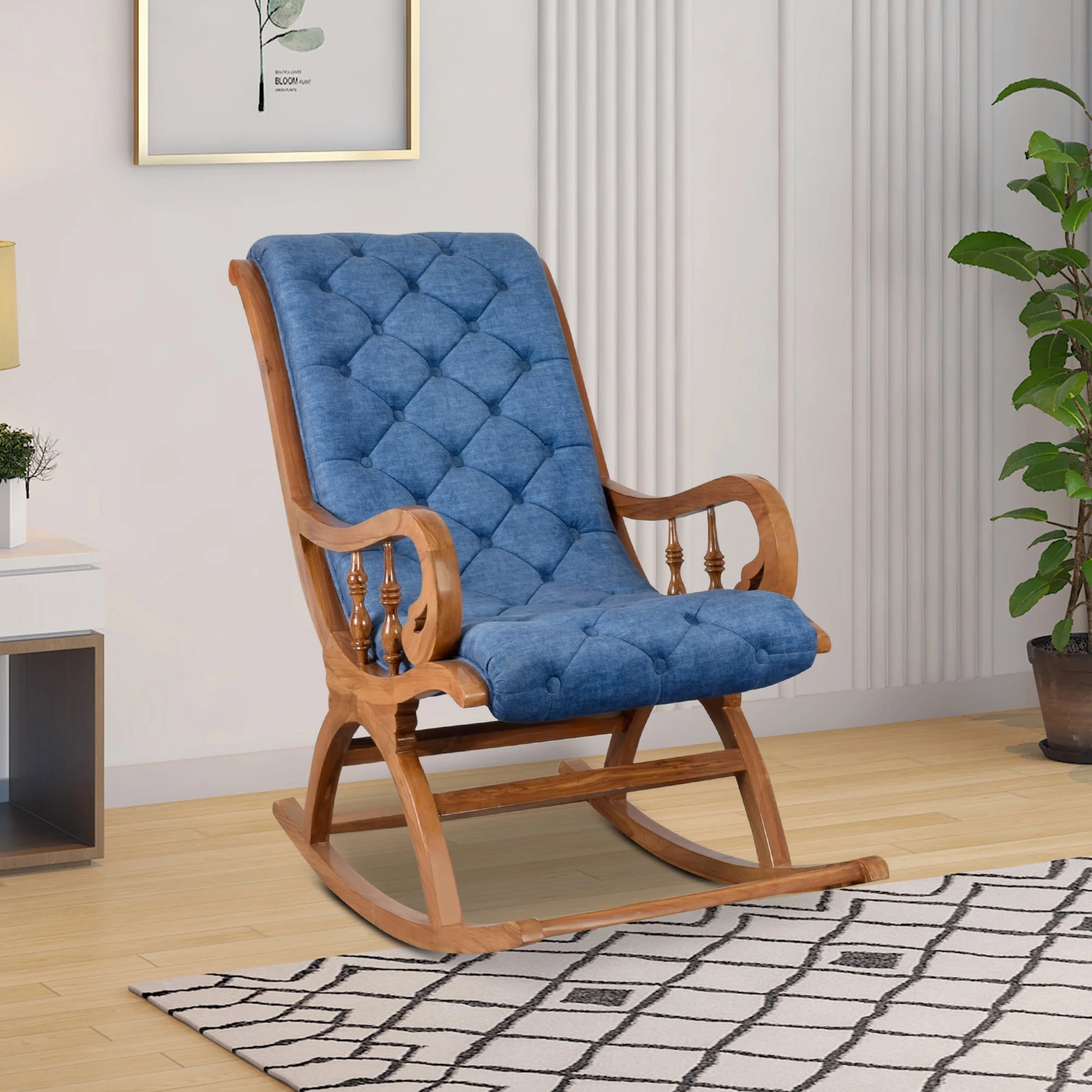 Lifestyle Image of Touffy Fabric Upholstered Teak Wood Rocking Chair (Teak Blue)