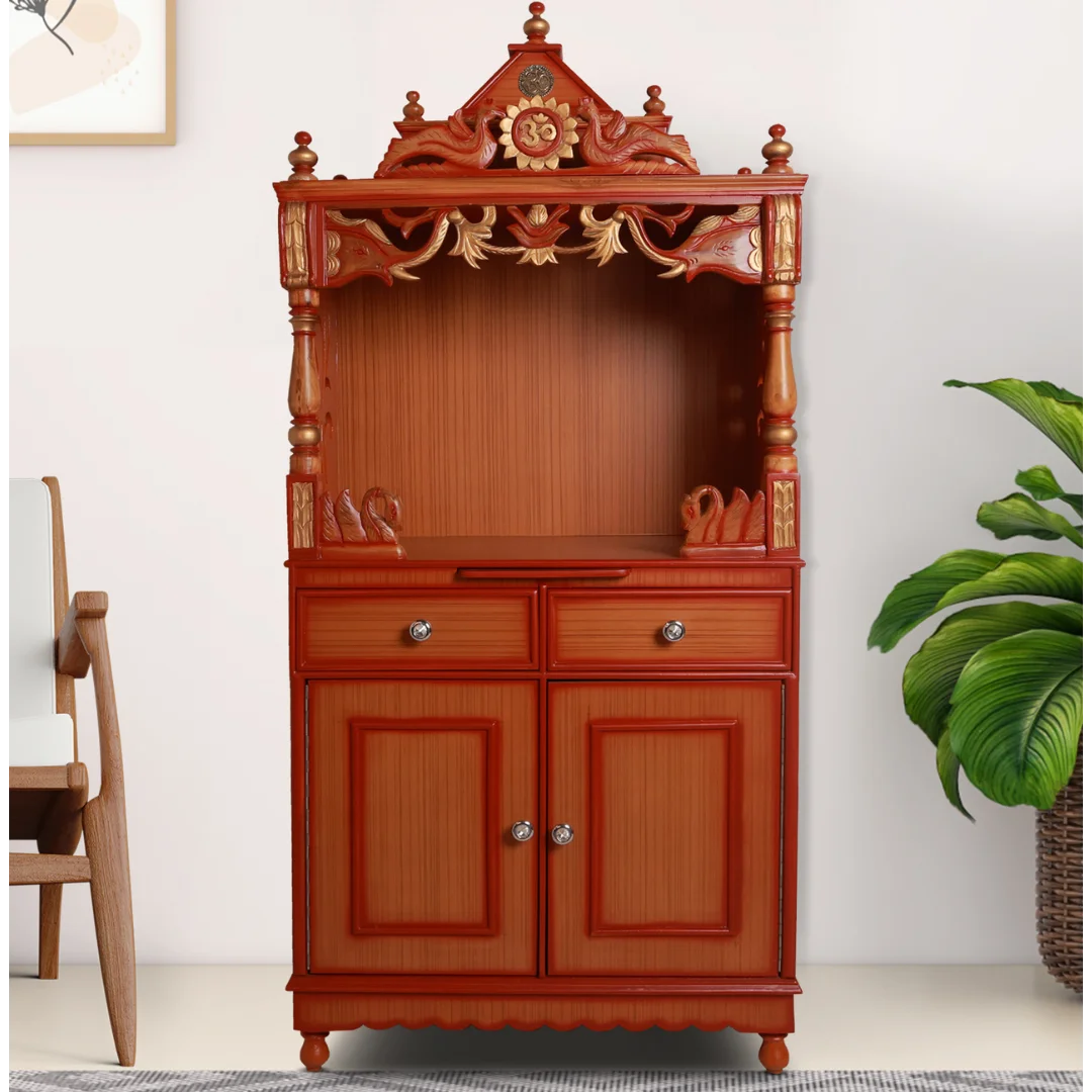 Lifestyle Image of Vedashraya Floor Rested Pooja Mandir without Door (Teak Gold)