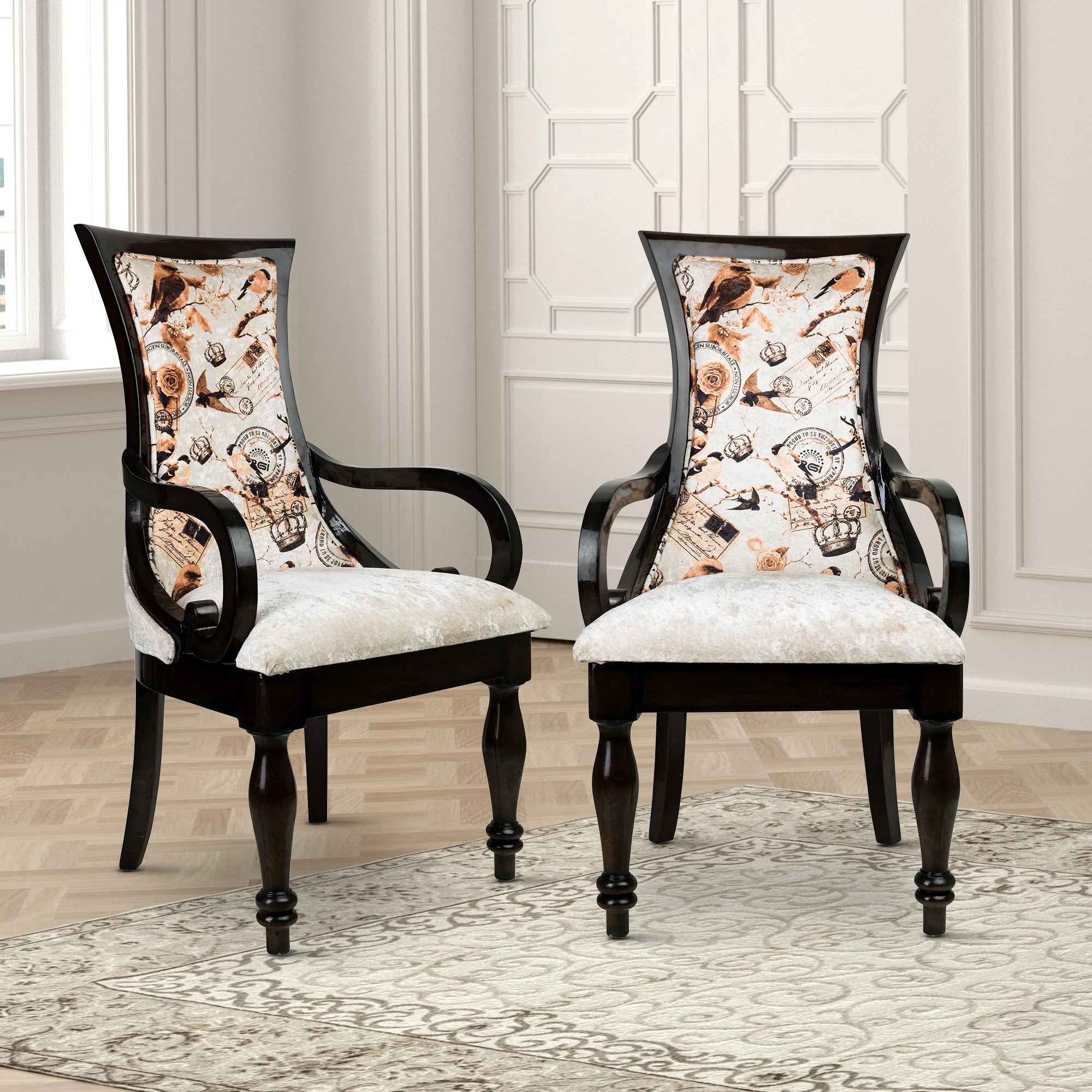 Lifestyle Image of Wlipsy Solid Wood Fabric Arm Chairs (Brown)