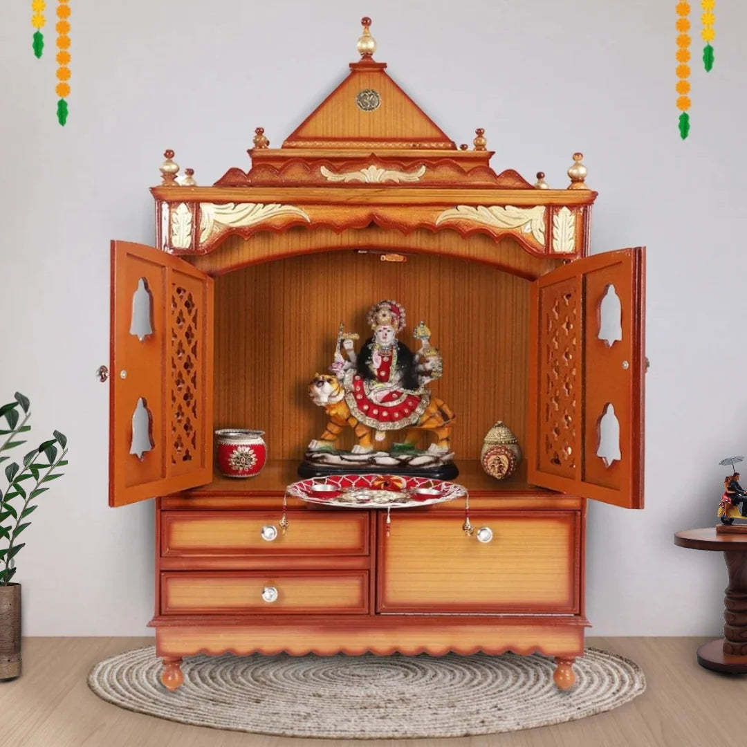 Lifestyle Image of Sacred Home Large Floor Rested Pooja Mandir with Door (Teak Gold)