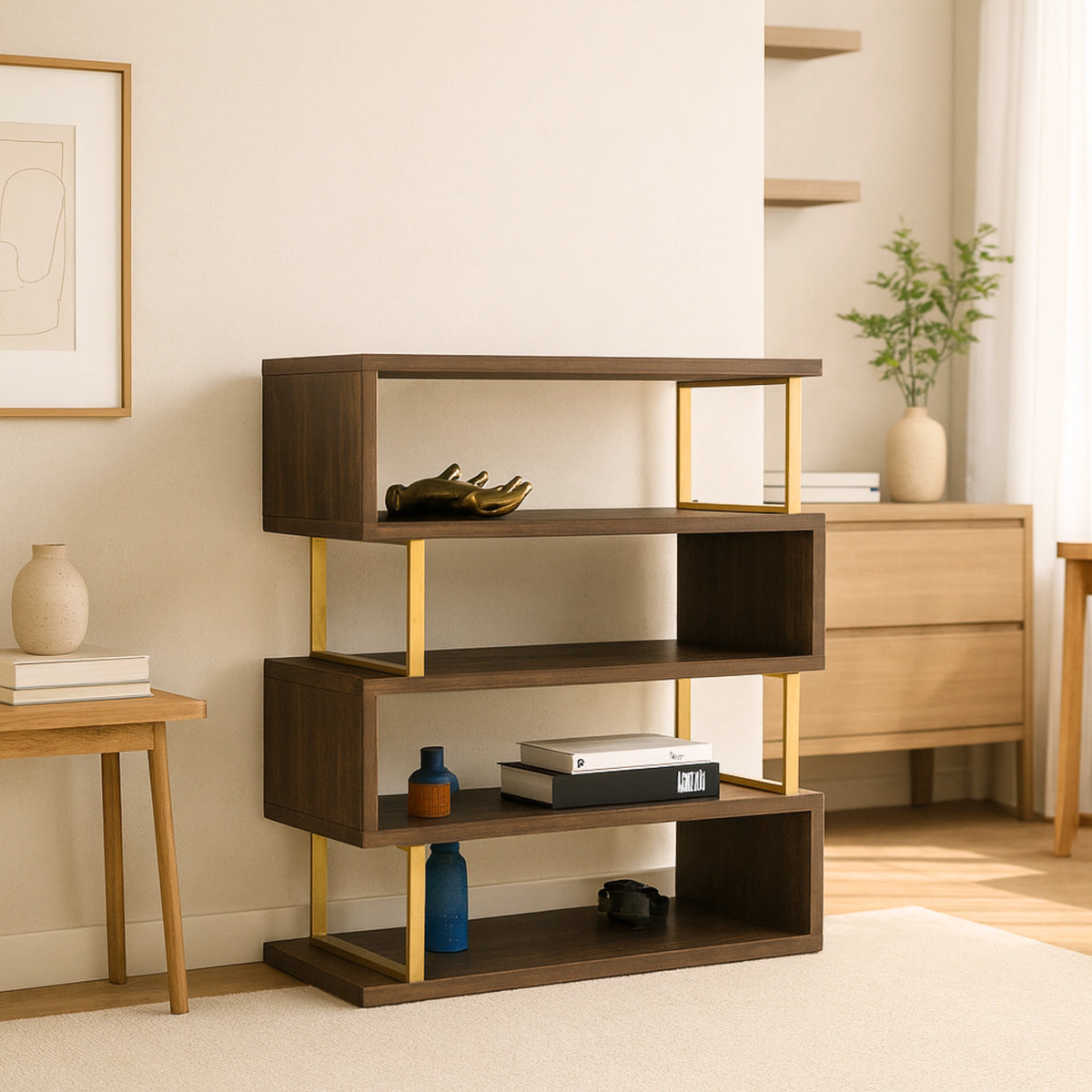 Linea Teak Wood Book Shelf (Brown) lifestyel view 