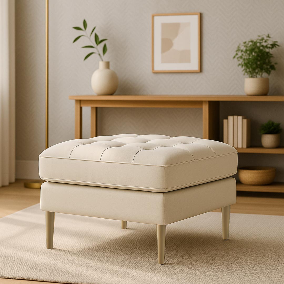 Loft Teak Wood Ottoman Stool (Abalone Grey) lifestyle view